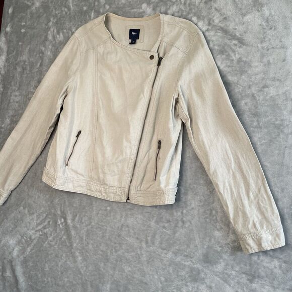 Gap Linen Biker Jacket Womens Large Khaki Tan Beige Full Zip Taupe Lightweight - Picture 2 of 10